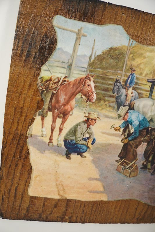 Vtg American Western Ranch Painting Charlie Dye 1960 Litho Print on Rough Wood