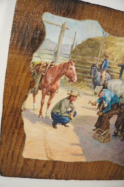 Vtg American Western Ranch Painting Charlie Dye 1960 Litho Print on Rough Wood