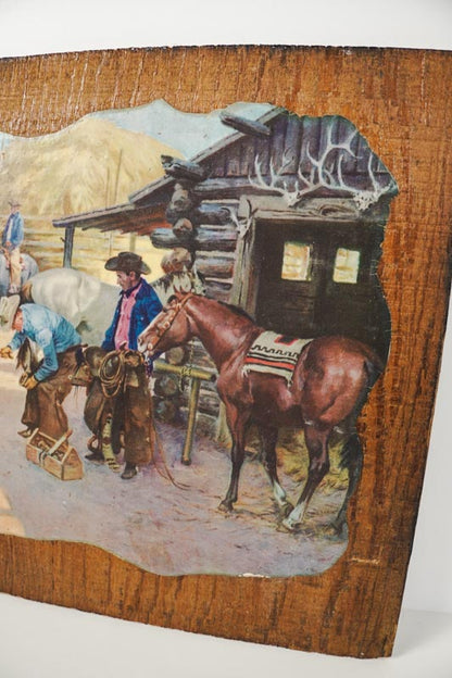 Vtg American Western Ranch Painting Charlie Dye 1960 Litho Print on Rough Wood