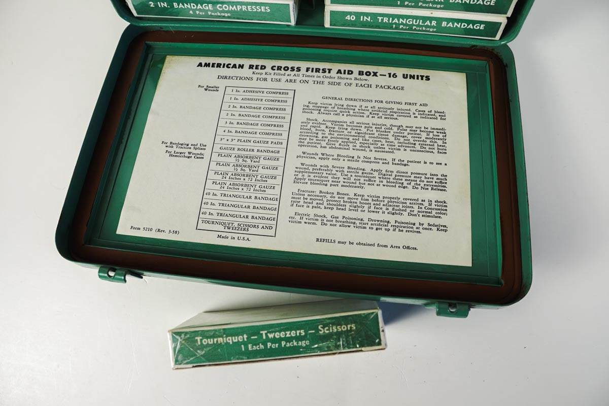 1950's American National Red Cross First Aid Kit With 11 Unused Packages