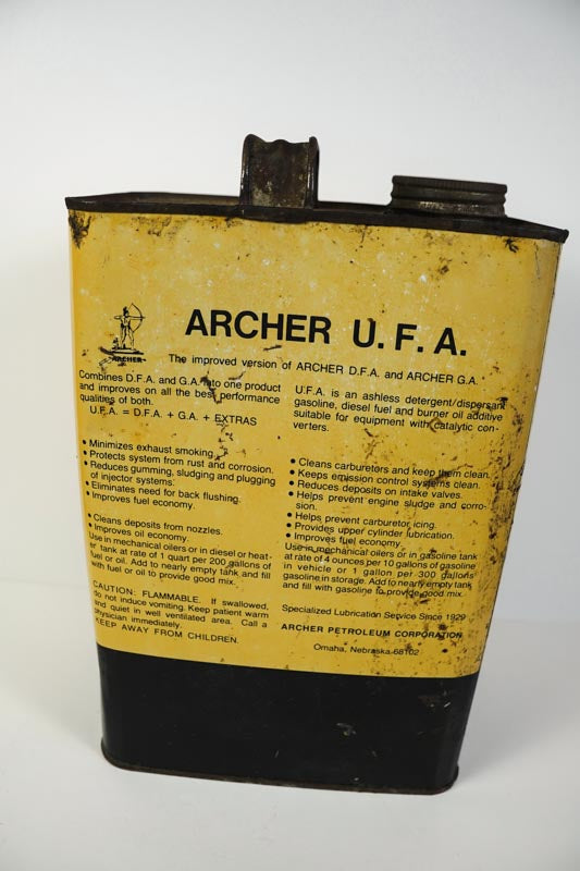 Vtg Archer U.F.A. Universal Fuel Additive Yellow Tin Can 1 Gallon - STILL FULL