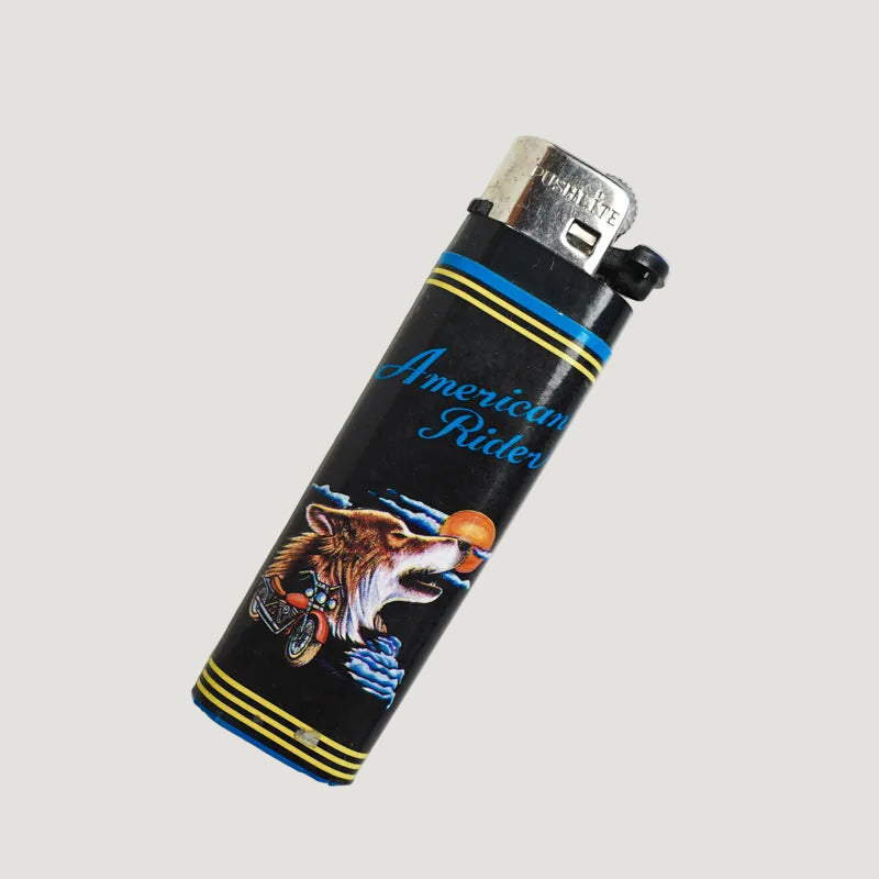 American Ride Wolf Cigarette Lighter Black with Wolf & Motorcycle