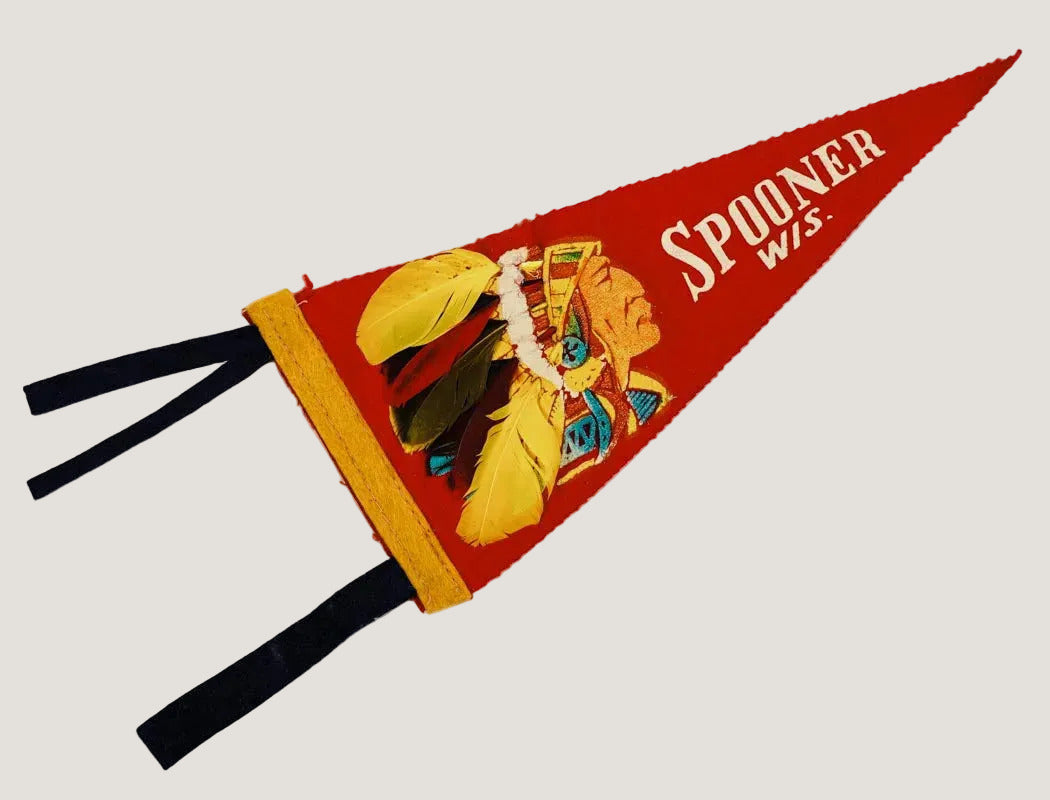 Red and yellow vintage-style pennant with 'SPOONER WIS.' text on a white background