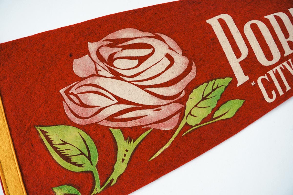 Vintage 50s Portland, Oregon City of Roses Red Souvenir Felt Pennant 25in