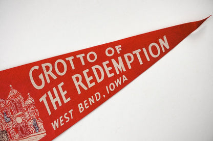 Vintage 50s Grotto of the Redemption West Bend IA Red Souvenir Felt Pennant 18in