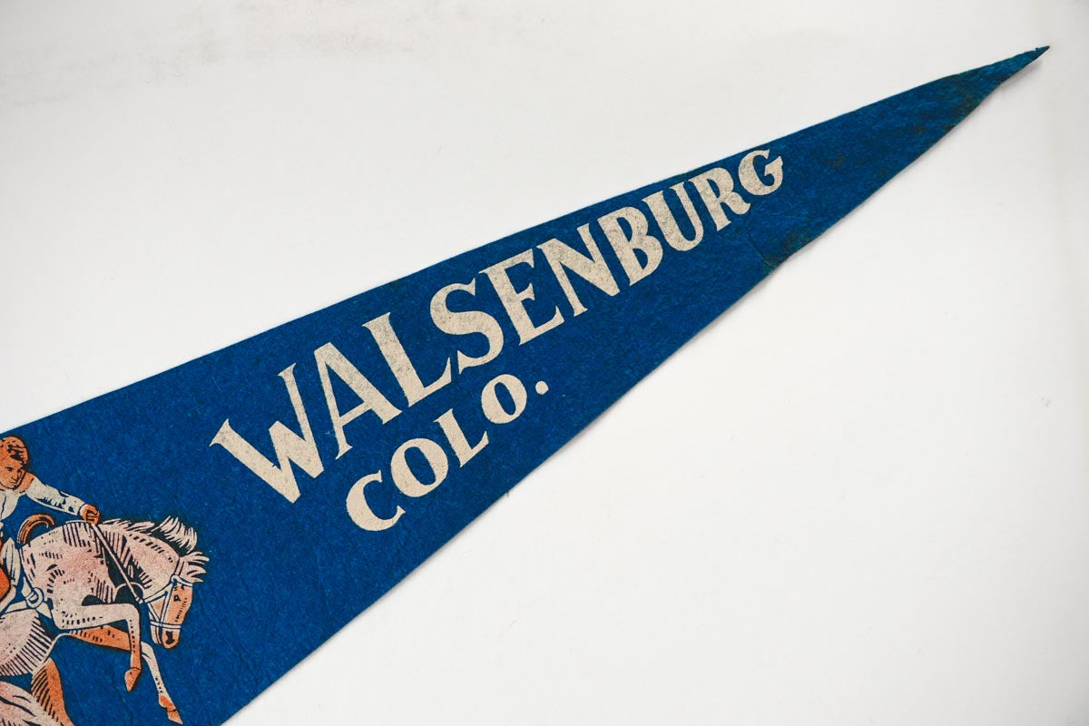 Vintage 50s Walsenburg, Colorado Cowboy Bronco Blue Souvenir Felt Pennant 27in