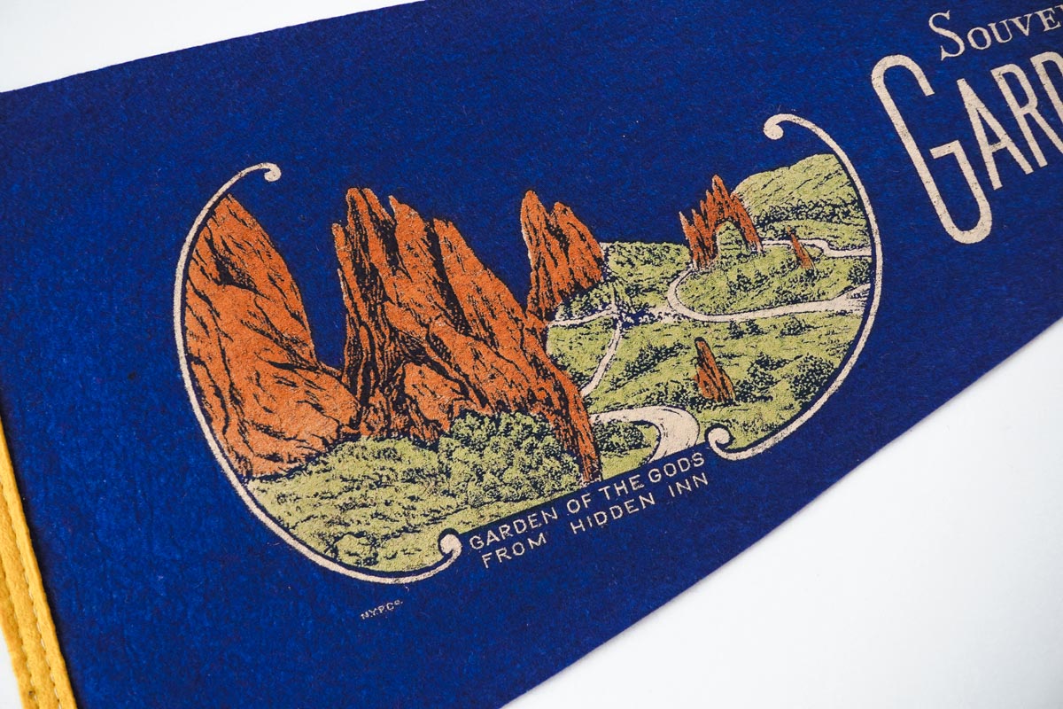 Vintage 50s Garden of the Gods Colorado Blue Souvenir Felt Pennant 27in