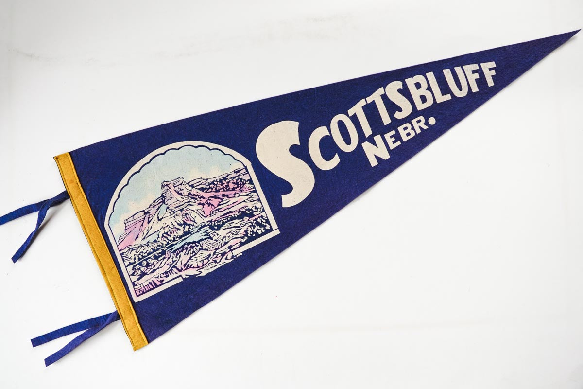 Vintage 1950s Scottsbluff, Nebraska Large Blue Felt Souvenir Pennant 29in