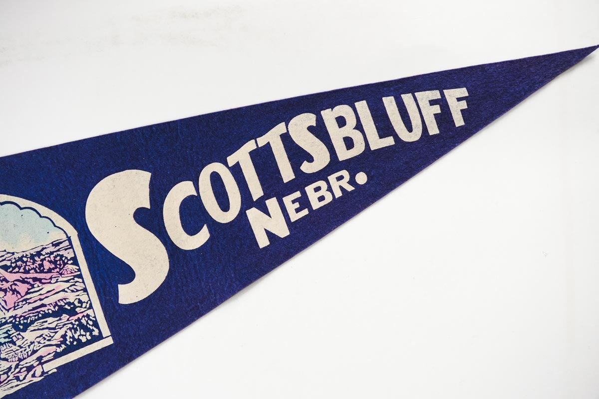Vintage 1950s Scottsbluff, Nebraska Large Blue Felt Souvenir Pennant 29in