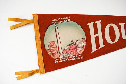 Vintage 50s Houston Texas San Jacinto Red Souvenir Felt Pennant 25in