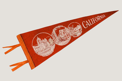 Red felt pennant with white text and graphics on a white background
