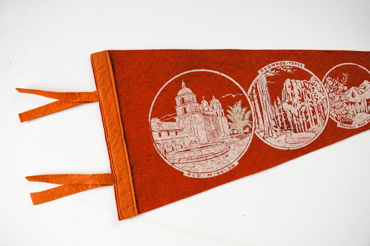 Vintage 50s California Old Mission Redwood Red Souvenir Felt Pennant 25in