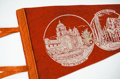 Vintage 50s California Old Mission Redwood Red Souvenir Felt Pennant 25in