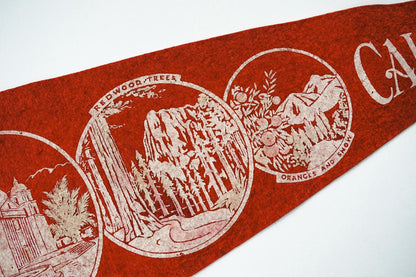 Vintage 50s California Old Mission Redwood Red Souvenir Felt Pennant 25in