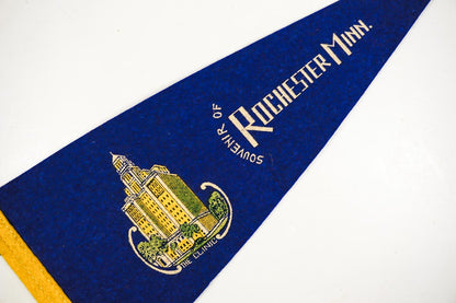 Vtg 1950s Souvenir of Rochester, Minnesota Small Blue Felt Pennant "The Clinic" 11in