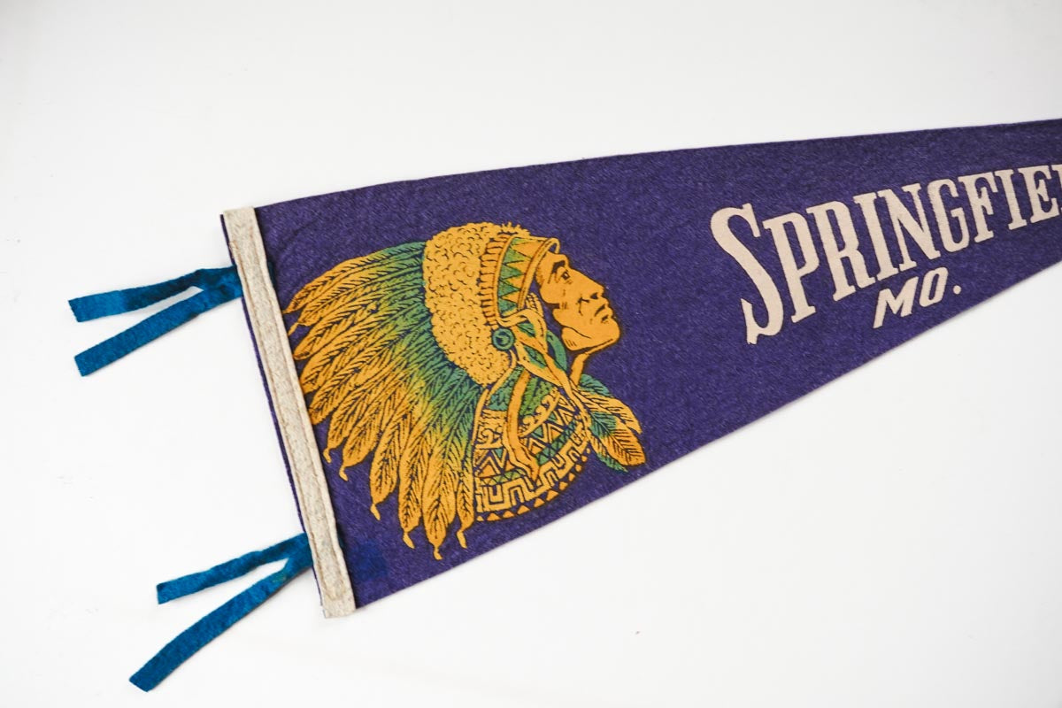 Vintage 50s Springfield, Missouri Indian Chief Blue Souvenir Felt Pennant 25in