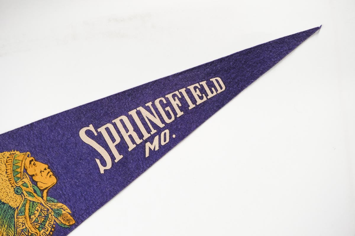 Vintage 50s Springfield, Missouri Indian Chief Blue Souvenir Felt Pennant 25in