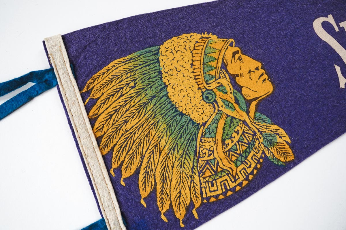 Vintage 50s Springfield, Missouri Indian Chief Blue Souvenir Felt Pennant 25in