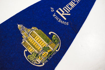 Vtg 1950s Souvenir of Rochester, Minnesota Small Blue Felt Pennant "The Clinic" 11in