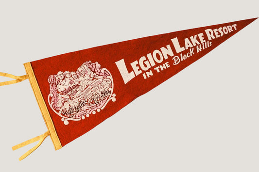 Red pennant with 'Legion Lake Resort in the Black Hills' text and logo on a white background