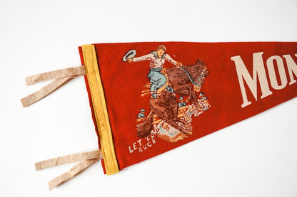 Vintage 50s Montana Cowboy Bucking Bronco Red Souvenir Felt Pennant 17in