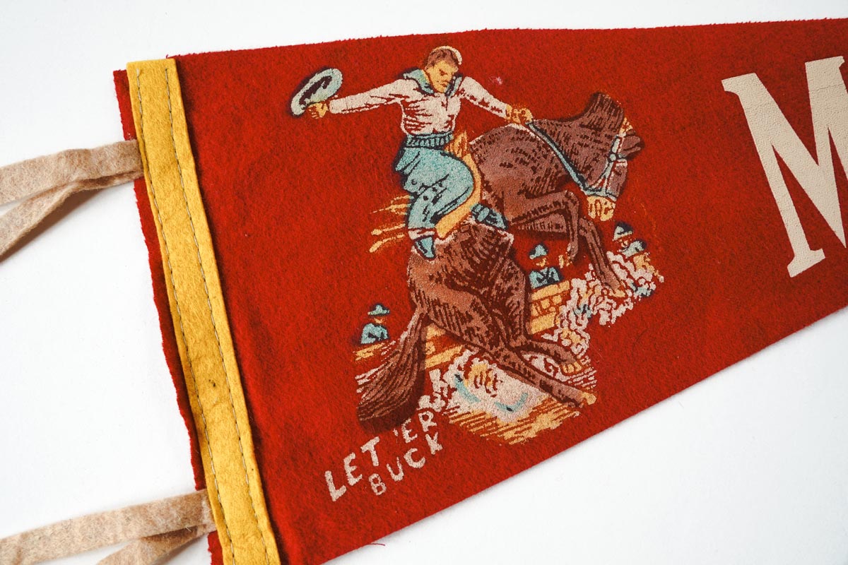 Vintage 50s Montana Cowboy Bucking Bronco Red Souvenir Felt Pennant 17in