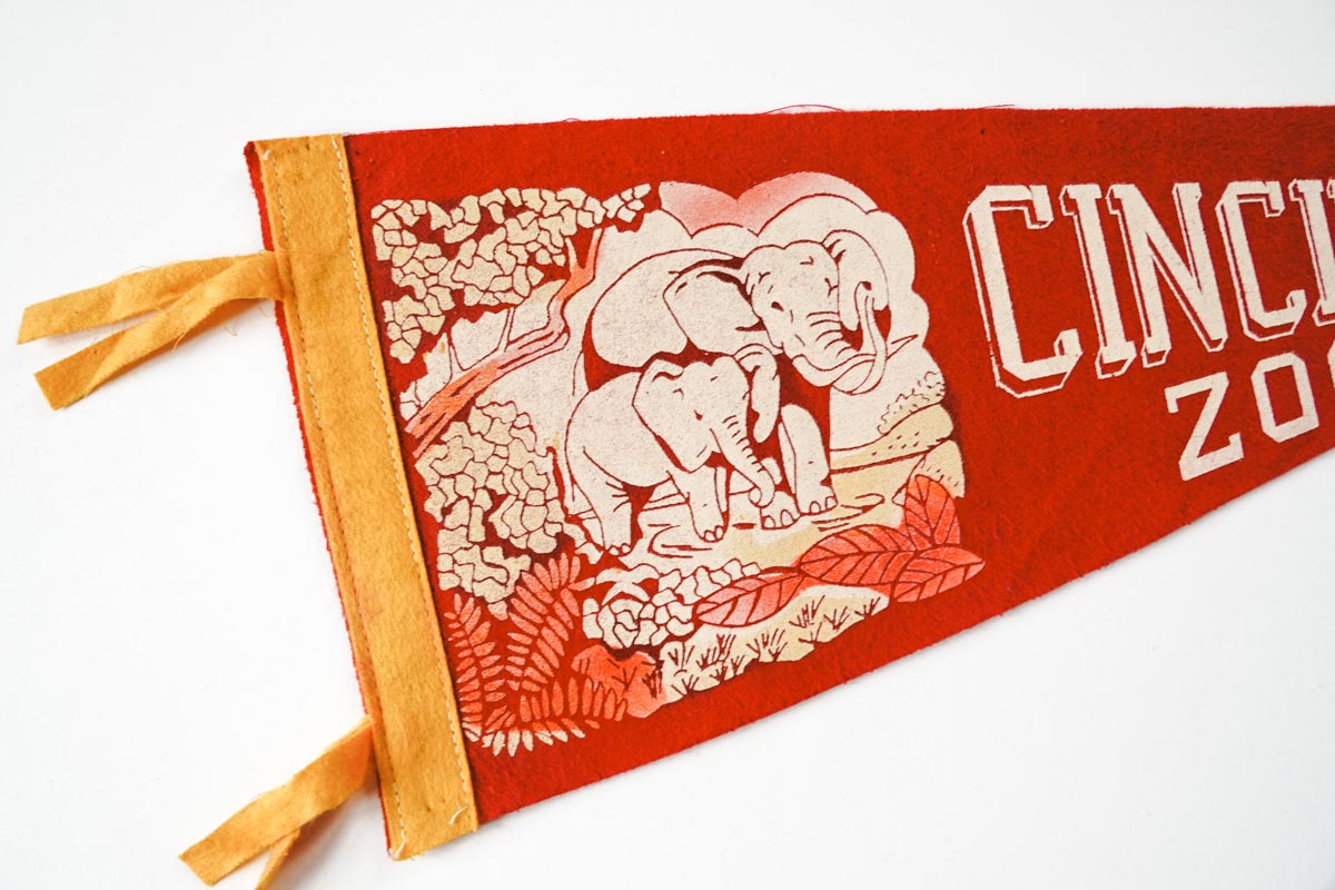 1950's Cincinnati Zoo, Ohio Red Felt State Pennant Elephant Graphic 17in