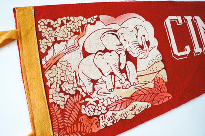 1950's Cincinnati Zoo, Ohio Red Felt State Pennant Elephant Graphic 17in