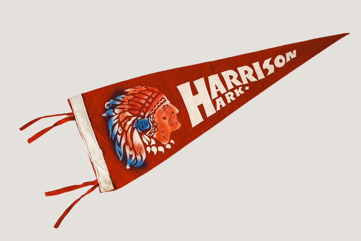 Vintage-style pennant with 'Harrison Ark.' text and Native American head design on a white background