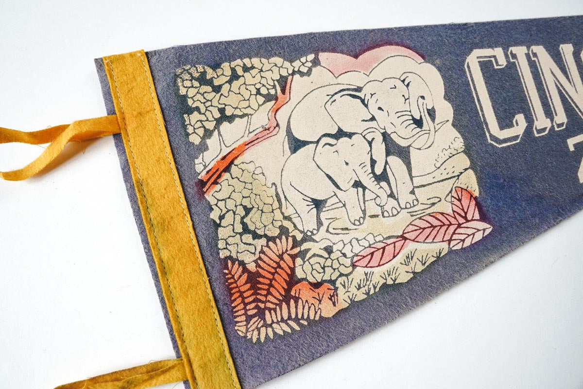 1950's Cincinnati Zoo, Ohio Blue Felt State Pennant Elephant Graphic 17in