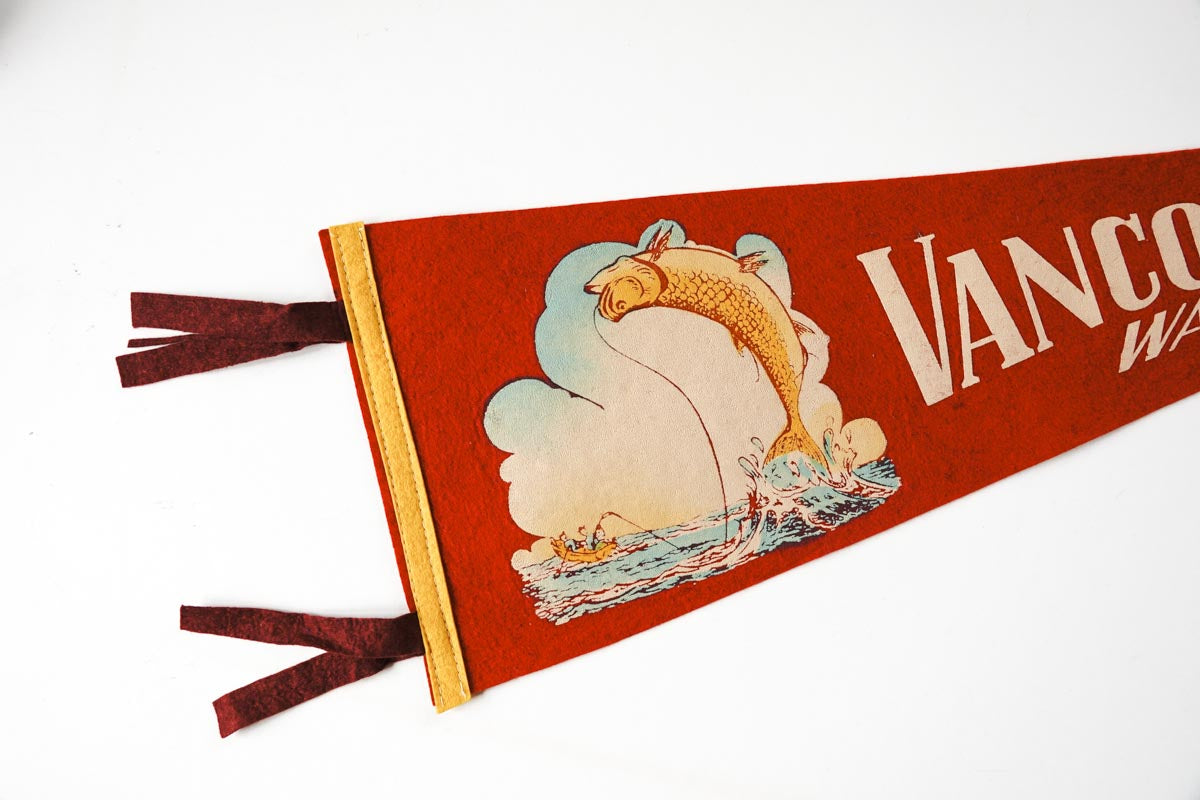 Vintage 50s Vancouver Washington Fishing Red Souvenir Pennant 27in