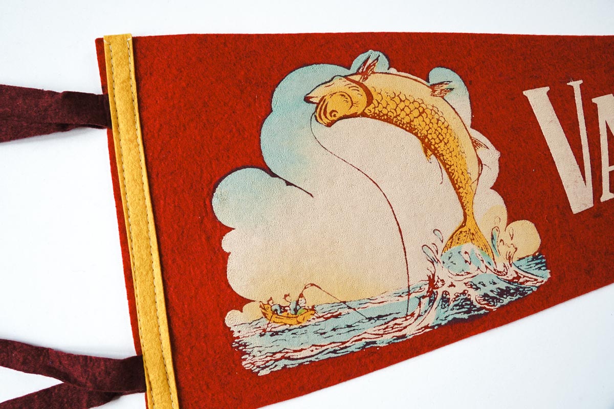 Vintage 50s Vancouver Washington Fishing Red Souvenir Pennant 27in
