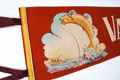 Vintage 50s Vancouver Washington Fishing Red Souvenir Pennant 27in