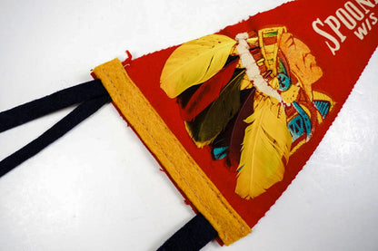 Vtg 1950s Spooner, Wis. Indian Chief Red Felt Souvenir Pennant w/ Feathers 11in