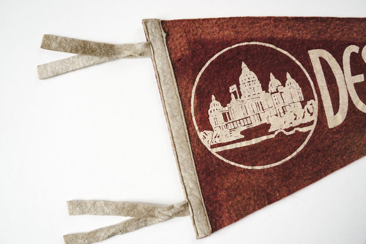 Vintage Des Moines, Iowa Faded Burgundy Pennant 17in