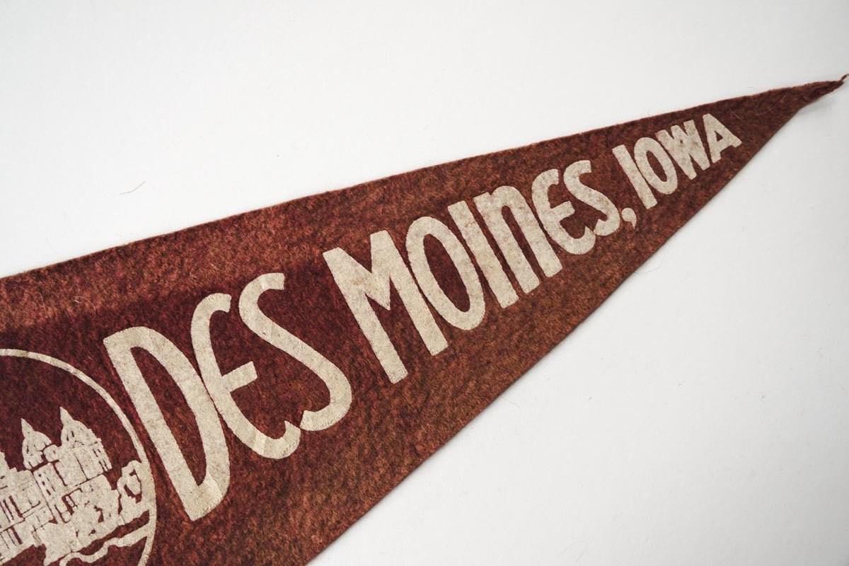 Vintage Des Moines, Iowa Faded Burgundy Pennant 17in