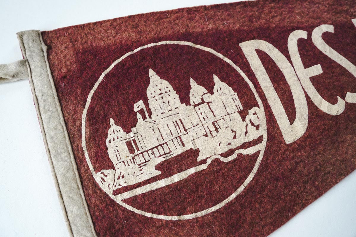 Vintage Des Moines, Iowa Faded Burgundy Pennant 17in