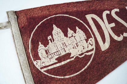 Vintage Des Moines, Iowa Faded Burgundy Pennant 17in