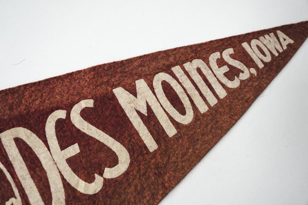 Vintage Des Moines, Iowa Faded Burgundy Pennant 17in