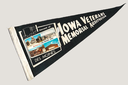 Black and white pennant with Iowa Veterans Memorial Auditorium text on a white background
