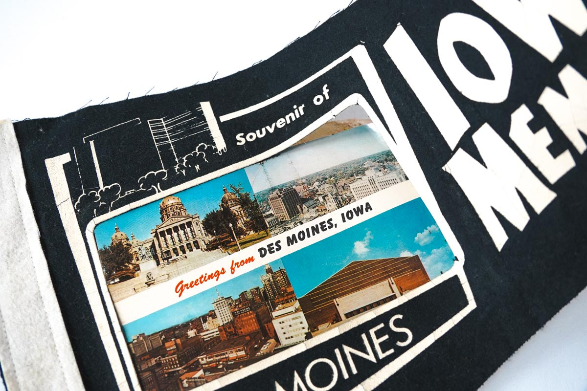 1950's Des Moines Iowa Veterans Memorial Auditorium Postcard Felt Pennant 19in
