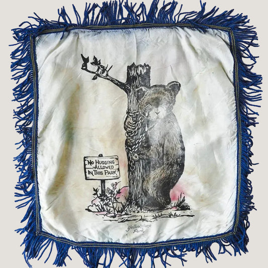 Decorative square with a bear illustration and 'No Hugging Allowed' sign, framed with blue fringe.