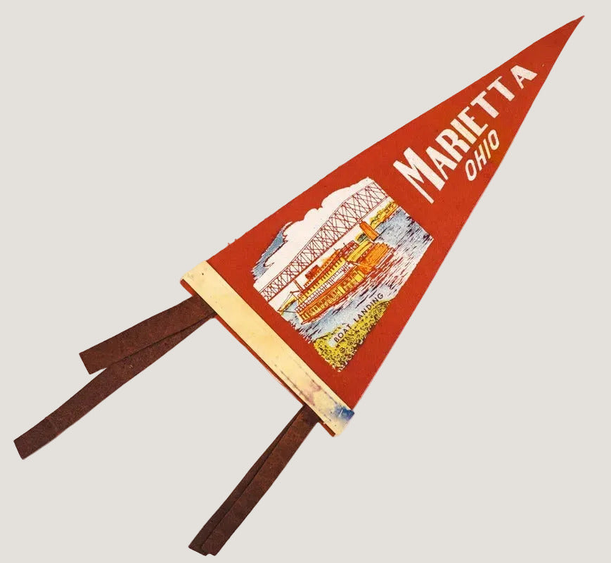 Vintage-style pennant with 'Marietta Ohio' text and graphic on a white background