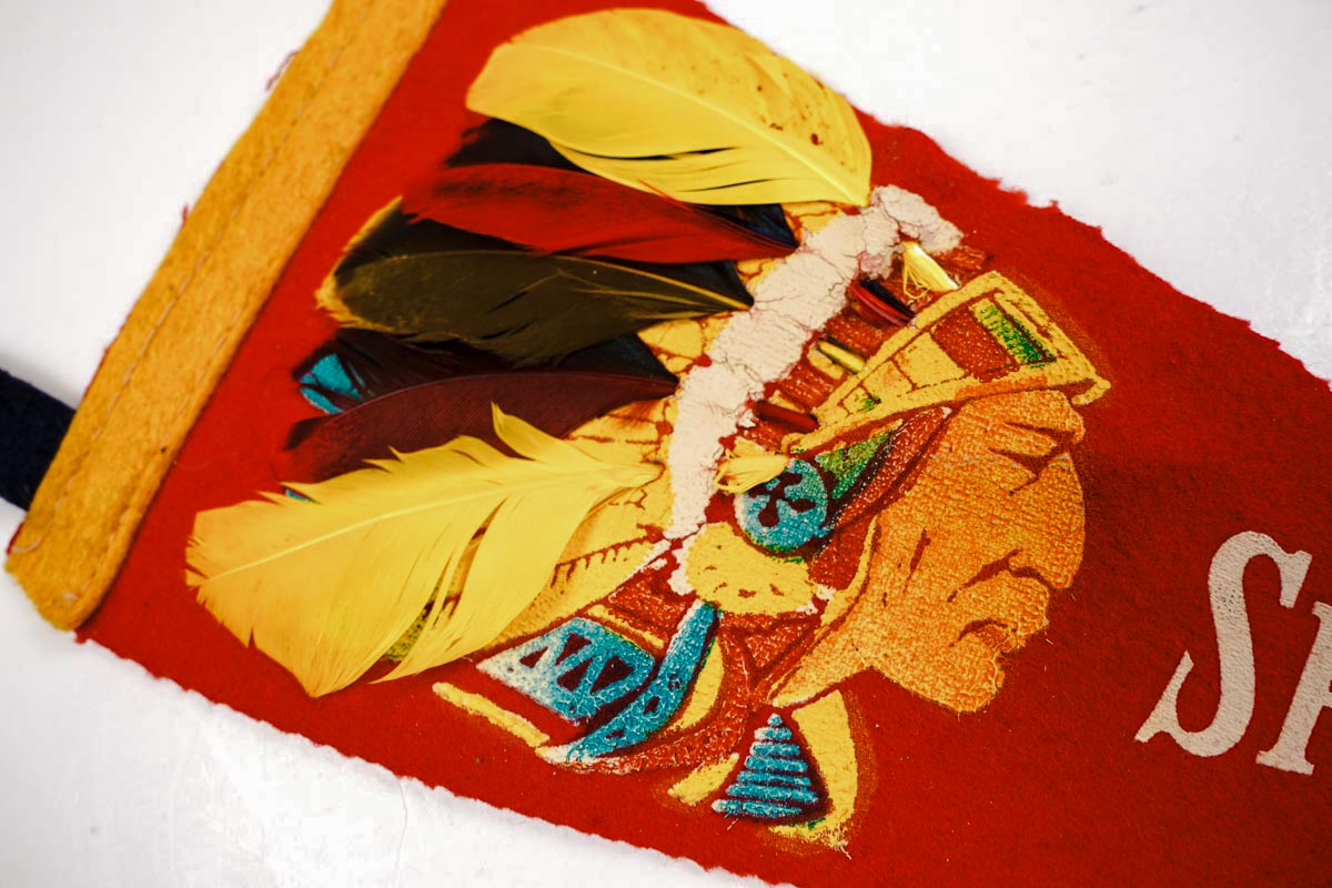 Vtg 1950s Spooner, Wis. Indian Chief Red Felt Souvenir Pennant w/ Feathers 11in