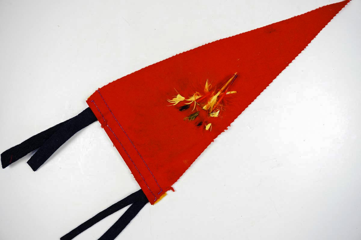 Vtg 1950s Spooner, Wis. Indian Chief Red Felt Souvenir Pennant w/ Feathers 11in