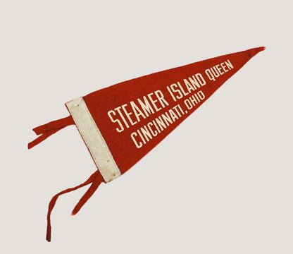 Red and white pennant with 'Steamer Island Queen Cincinnati, Ohio' text on a white background