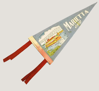 Felt pennant with 'Marietta Ohio' text and bridge illustration on a white background