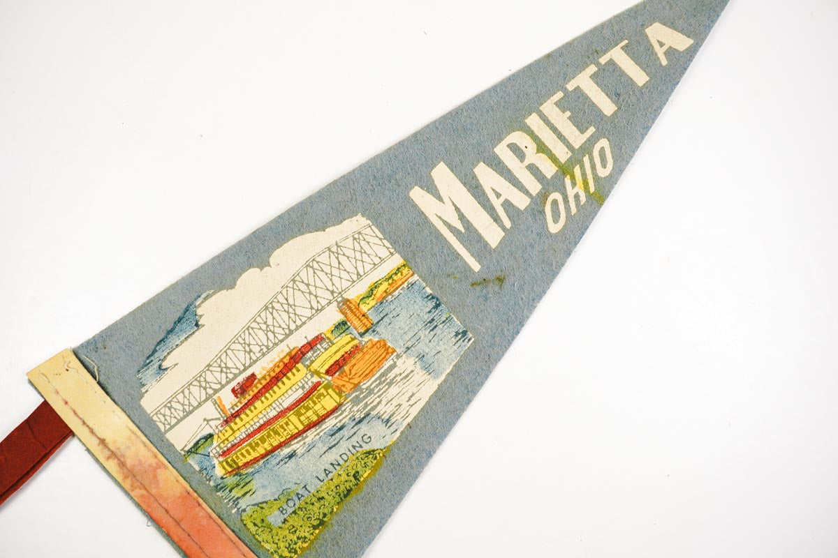 Vintage 1950s Marietta, Ohio Small Blue Felt Souvenir Pennant Boat Landing 11in