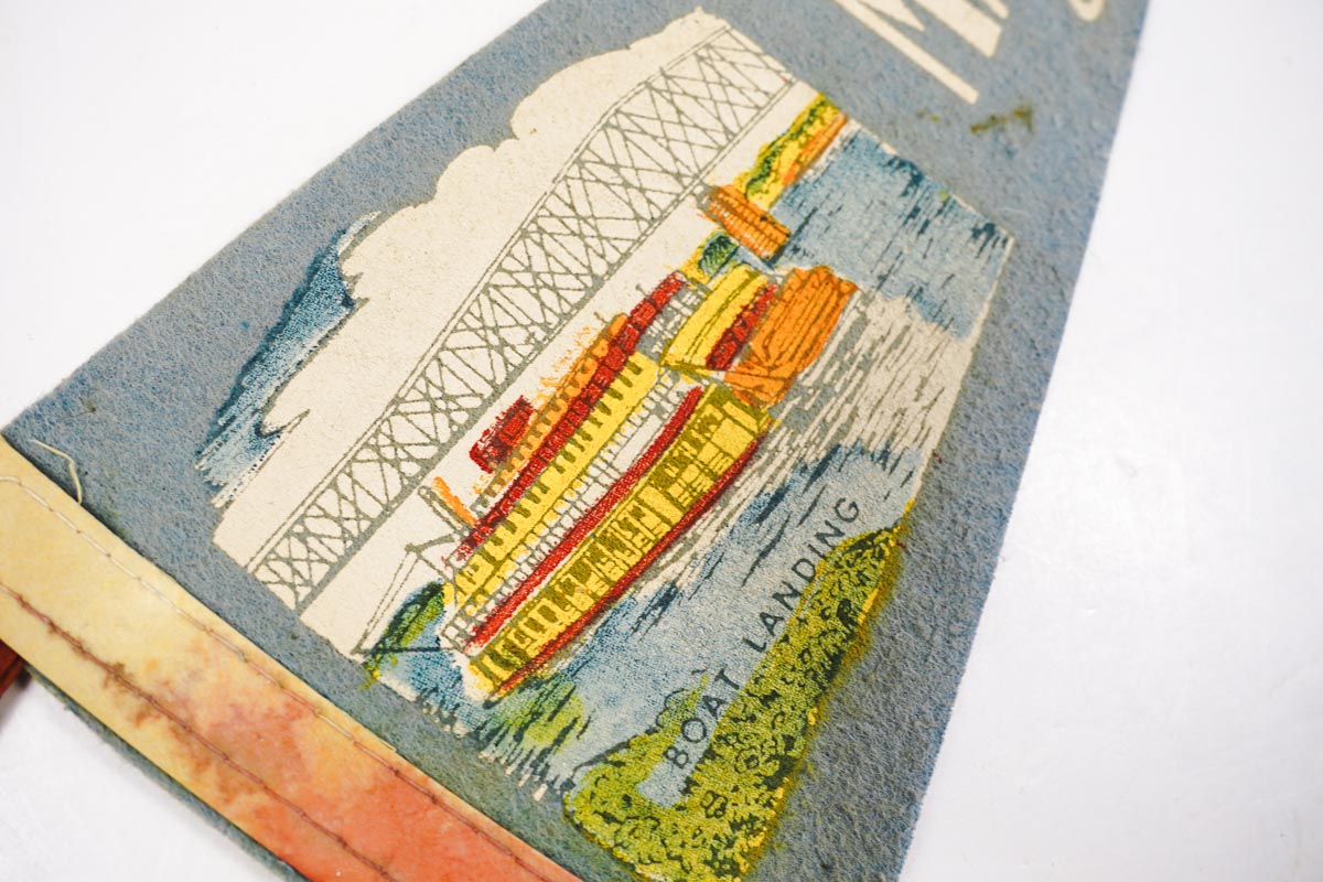 Vintage 1950s Marietta, Ohio Small Blue Felt Souvenir Pennant Boat Landing 11in