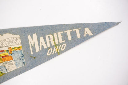 Vintage 1950s Marietta, Ohio Small Blue Felt Souvenir Pennant Boat Landing 11in